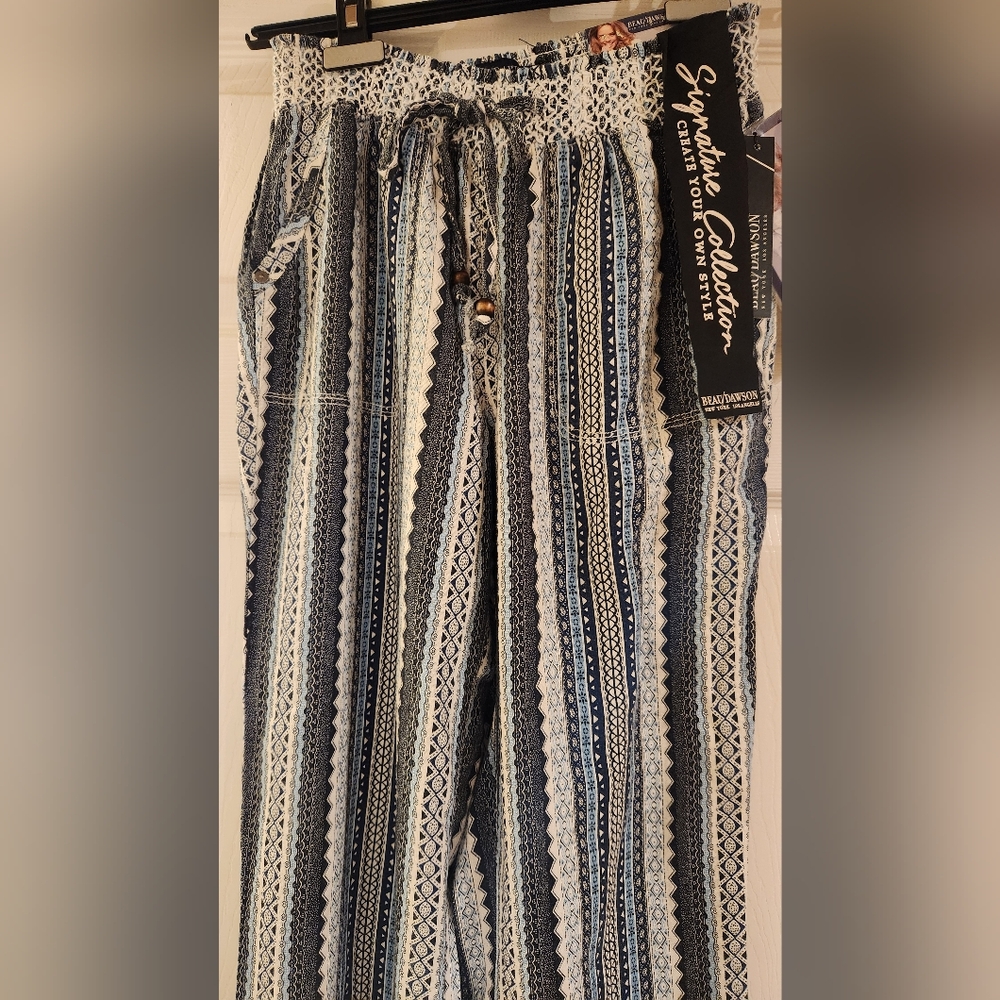 NWT Beau Dawson linen blend Striped Blue Wide Leg pants Size M/L  Smocked waist.